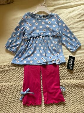 Rare Too Blue Daisy Tunic with Hot Pink Ruffle Leggings matching set 18m NWT